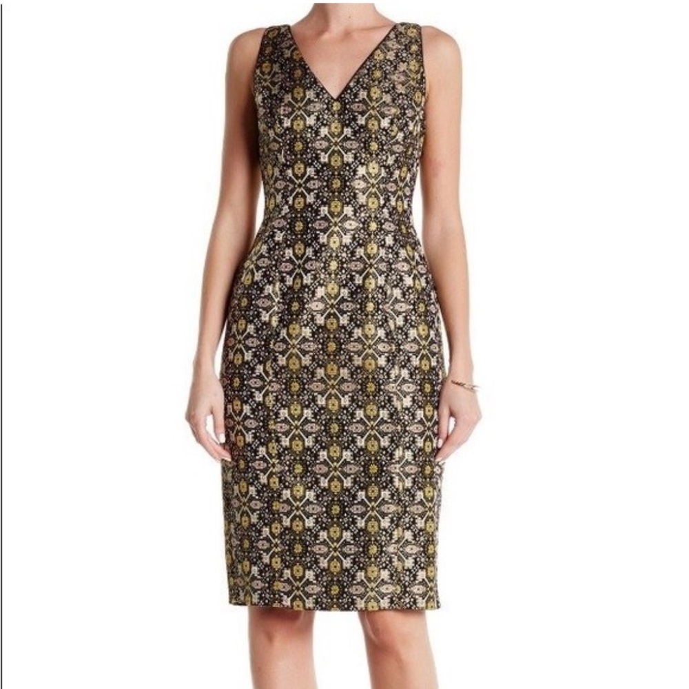 Adrianna Papell Black and Gold Brocade Sleeveless Dress 8